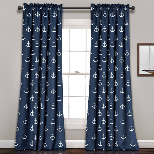 Navy Nautical Anchors Curtain Panel Set – 84" Length (Set of 2)