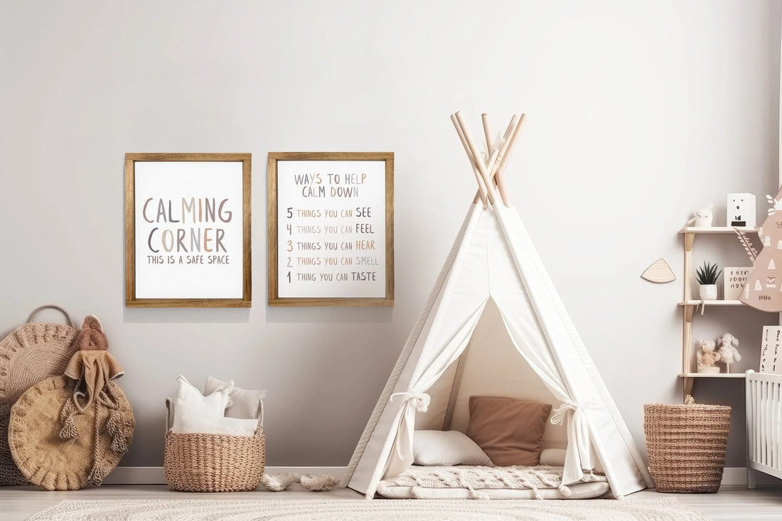 A young child playing or reading in a calming, neutral-toned environment with natural materials that support creativity and emotional regulation.