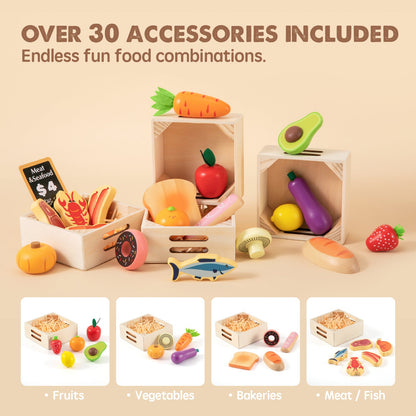 Wooden toy food set with crates and various food items on a beige background.