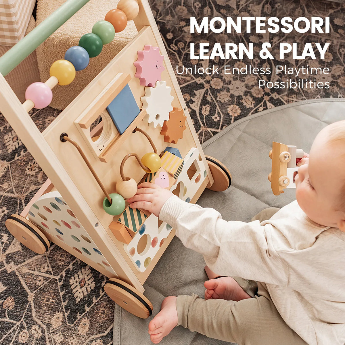 Tiny Land Versatile Natural Wooden Baby Walker