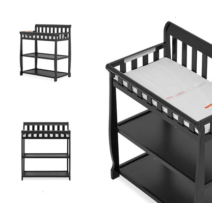 Modern Black Wooden Baby Changing Table with Safety Rail Mattress Pad and Strap