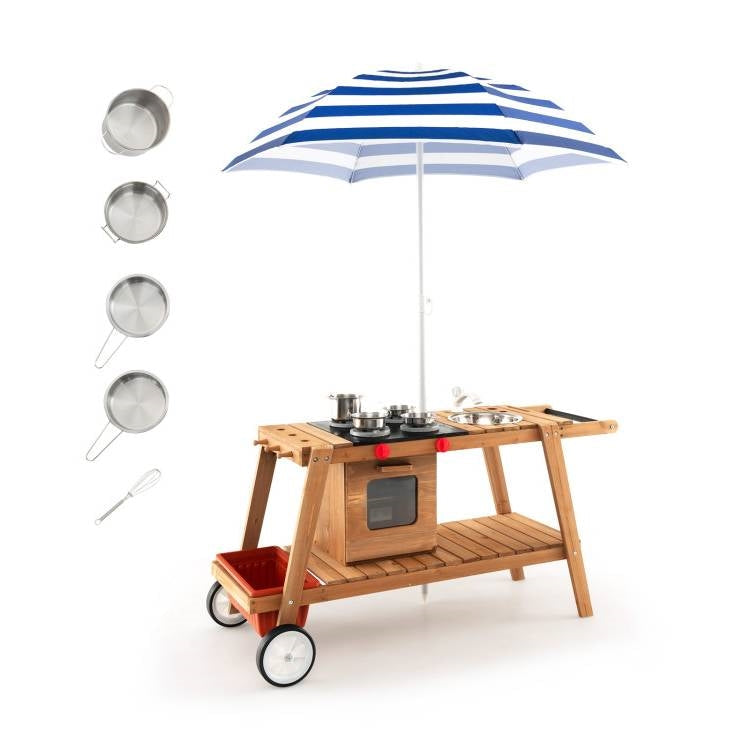 Kids Wooden Play Portable Cook Cart Set with Sun Proof Umbrella
