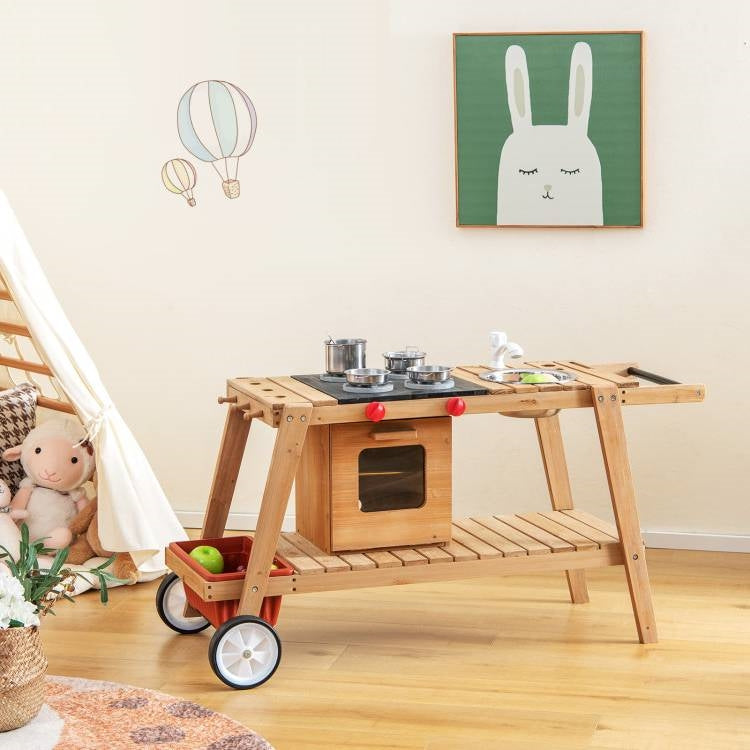Kids Wooden Play Portable Cook Cart Set with Sun Proof Umbrella