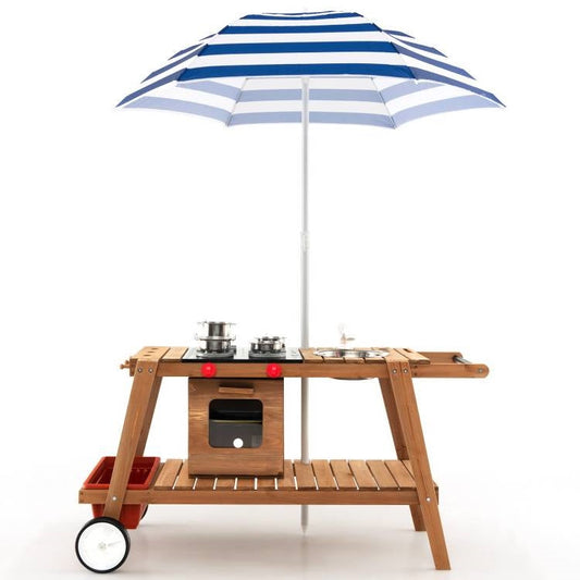 Kids Wooden Play Portable Cook Cart Set with Sun Proof Umbrella
