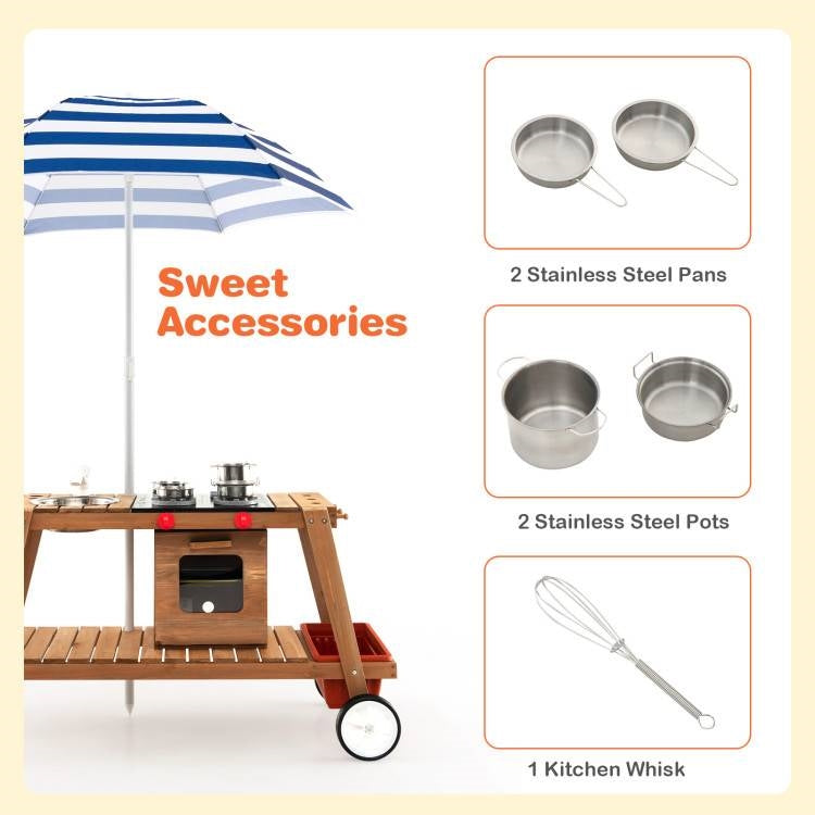 Kids Wooden Play Portable Cook Cart Set with Sun Proof Umbrella