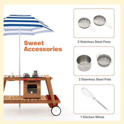 Kids Wooden Play Portable Cook Cart Set with Sun Proof Umbrella