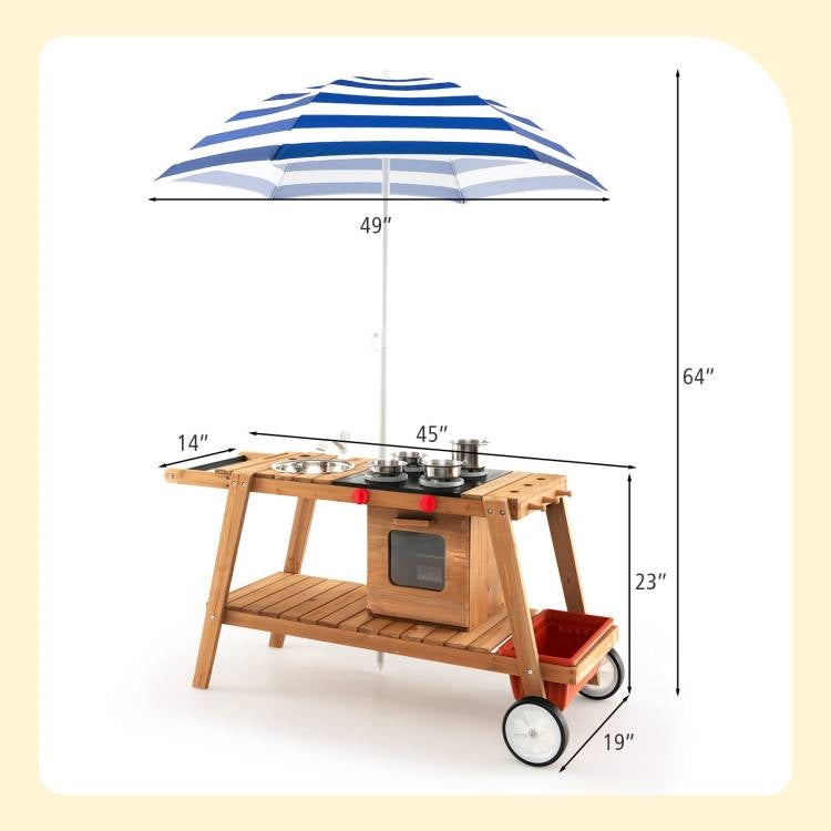 Kids Wooden Play Portable Cook Cart Set with Sun Proof Umbrella
