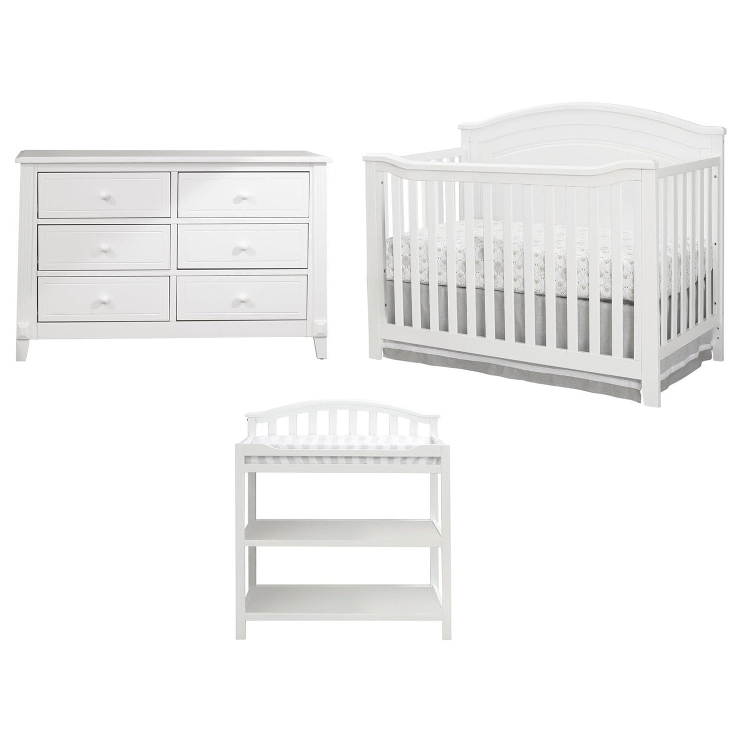 3 Piece Crib, Changing Station and 6 Drawer Dresser Nursery Furniture Set in White