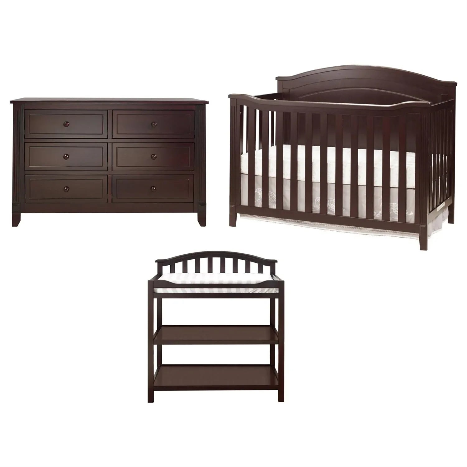 3 Piece Crib, Changing Station and 6 Drawer Dresser Nursery Furniture Set in Espresso