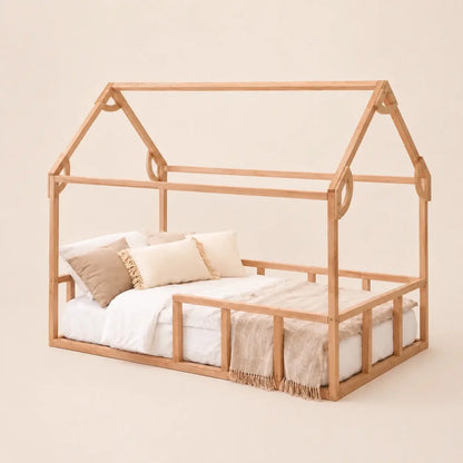 Twin Size Montessori House Bed for Kids with Fence
