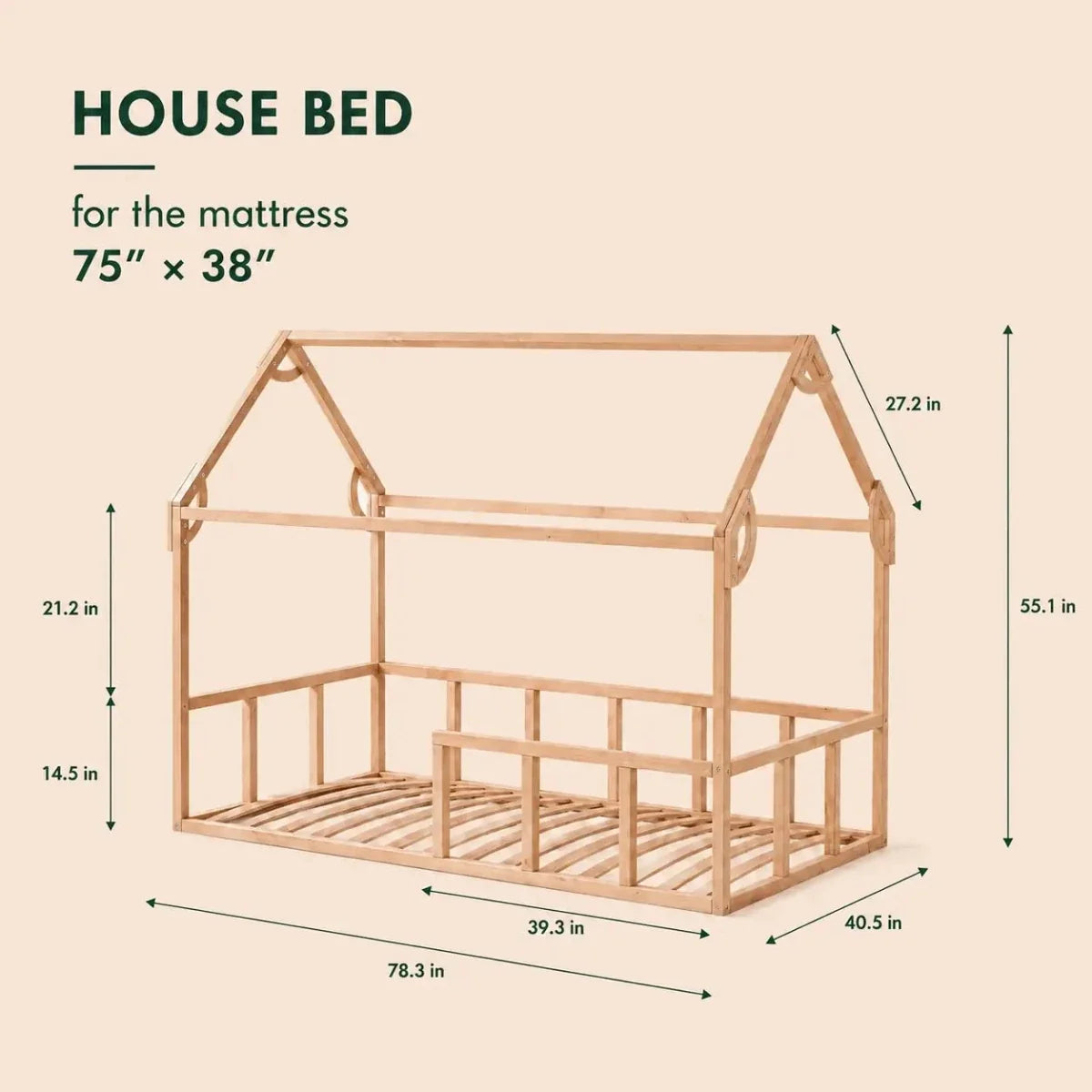 Twin Size Montessori House Bed for Kids with Fence