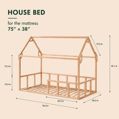 Twin Size Montessori House Bed for Kids with Fence