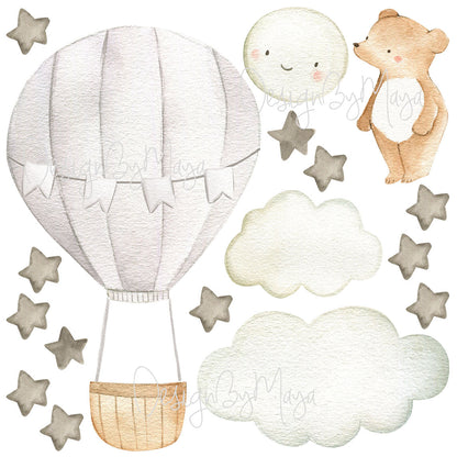Baby animal inside Hot Air Balloon - Fabric Nursery Wall Art Decals